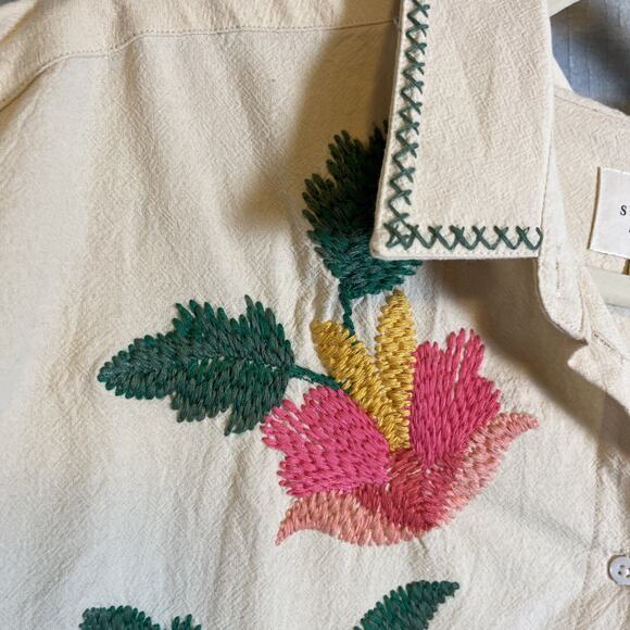 Sezane Maxy Top Shirt Oversized Beige Fits 16 & Up Floral Embroidered Button Up - Picture 12 of 15